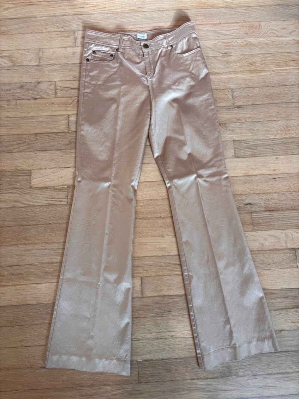 Caché Satin Flare Pants Size 4 Champagne Y2K Low Rise Bootcut Shiny Glam
